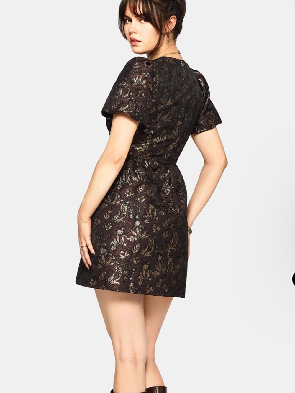Disturbia NWT Rena Snake Jacquard Puff Sleeve Mini Dress Brown Gold Metallic Sz8 - Picture 8 of 17